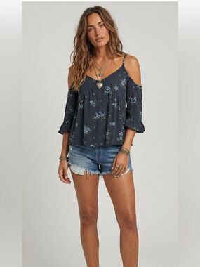 American Eagle Boho Chic Blue Floral Off the Shoulder Flowy Top Cold Shoulder